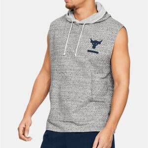 Under Armor The Rock Men's size Large Gray Cut-Off Hooded Workout Shirt Gym